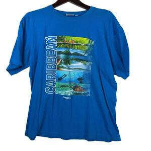 Carnival Caribbean Tropical Beach Scuba Dive Turtle Graphic T-Shirt Men's L Blue
